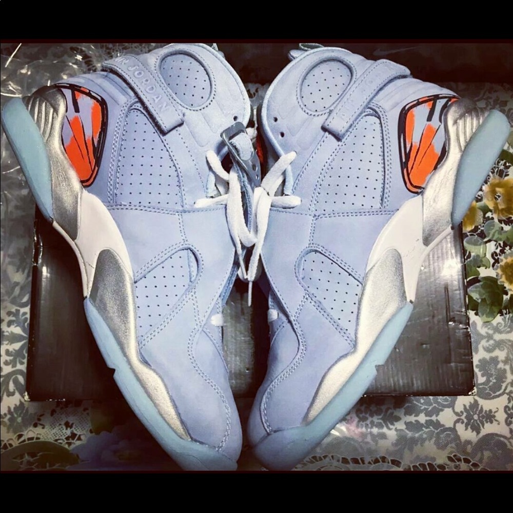 Jordan 8’s grey , white , blue